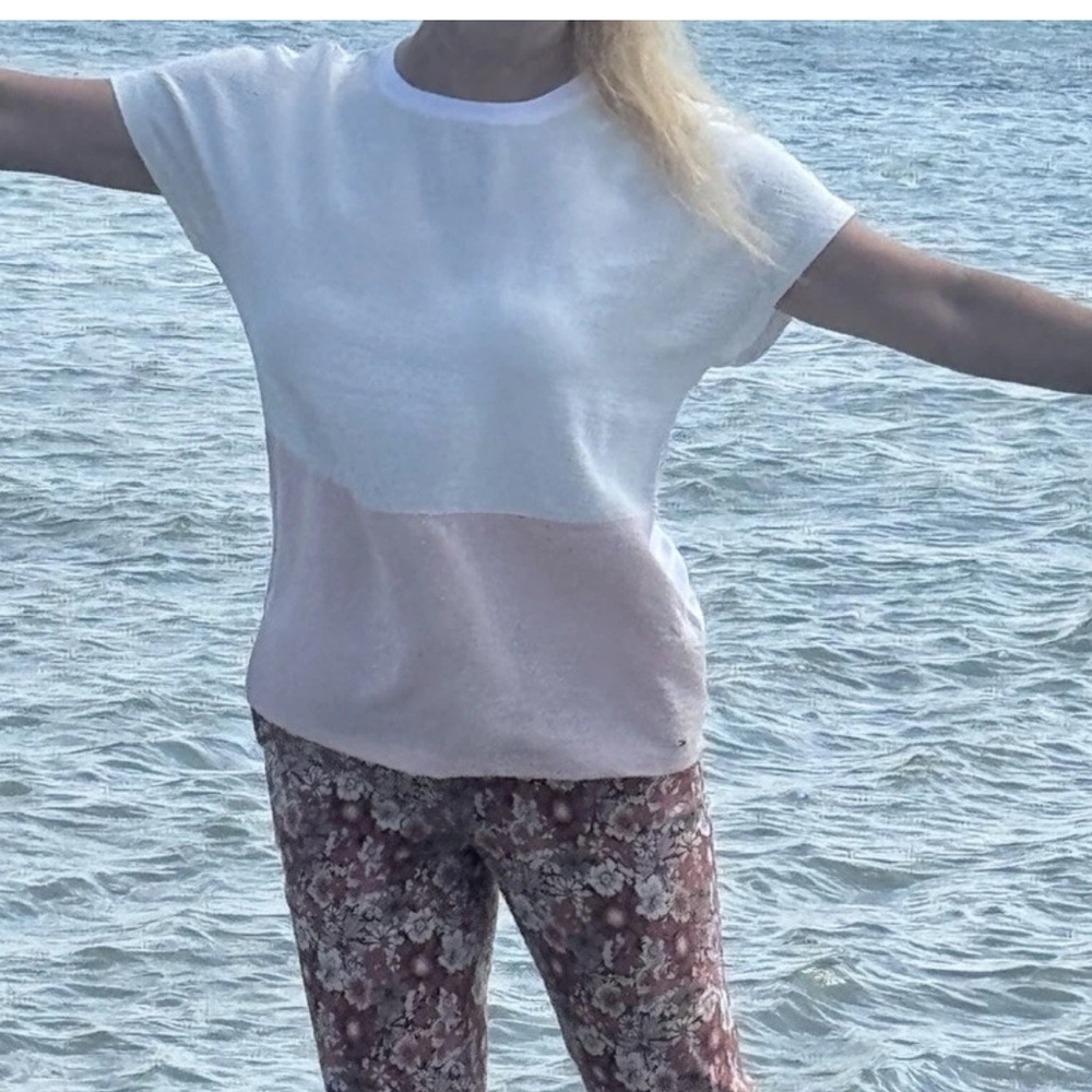 Tommy Hilfiger Colorblock Top White Blush Pink Short Sleeve Relaxed Fit Size S